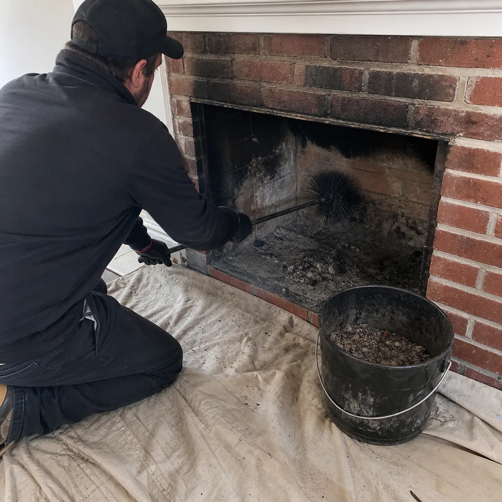 Professional chimney sweep cleaning a brick fireplace with a wire brush.