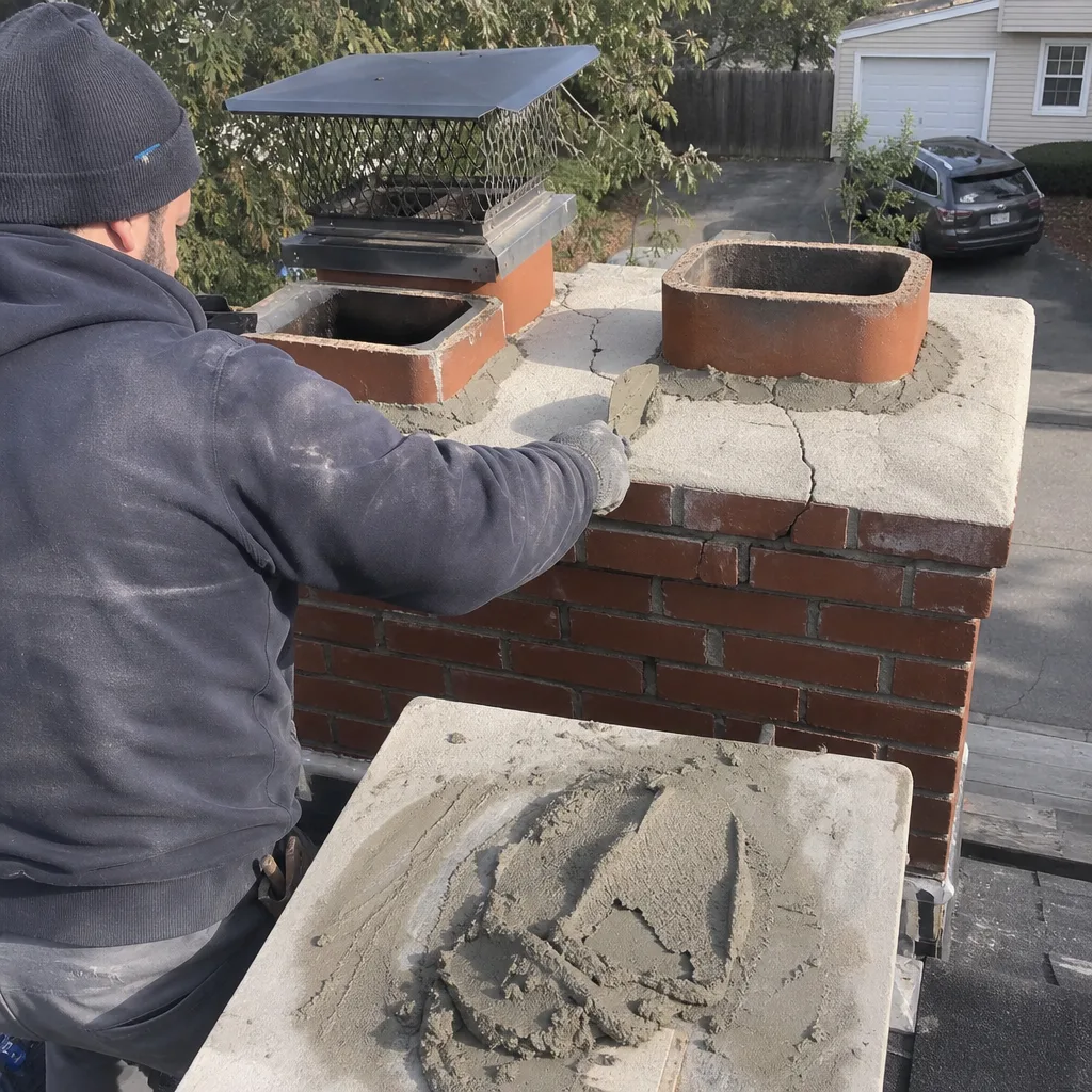 Professional technician repairing a damaged chimney crown with mortar