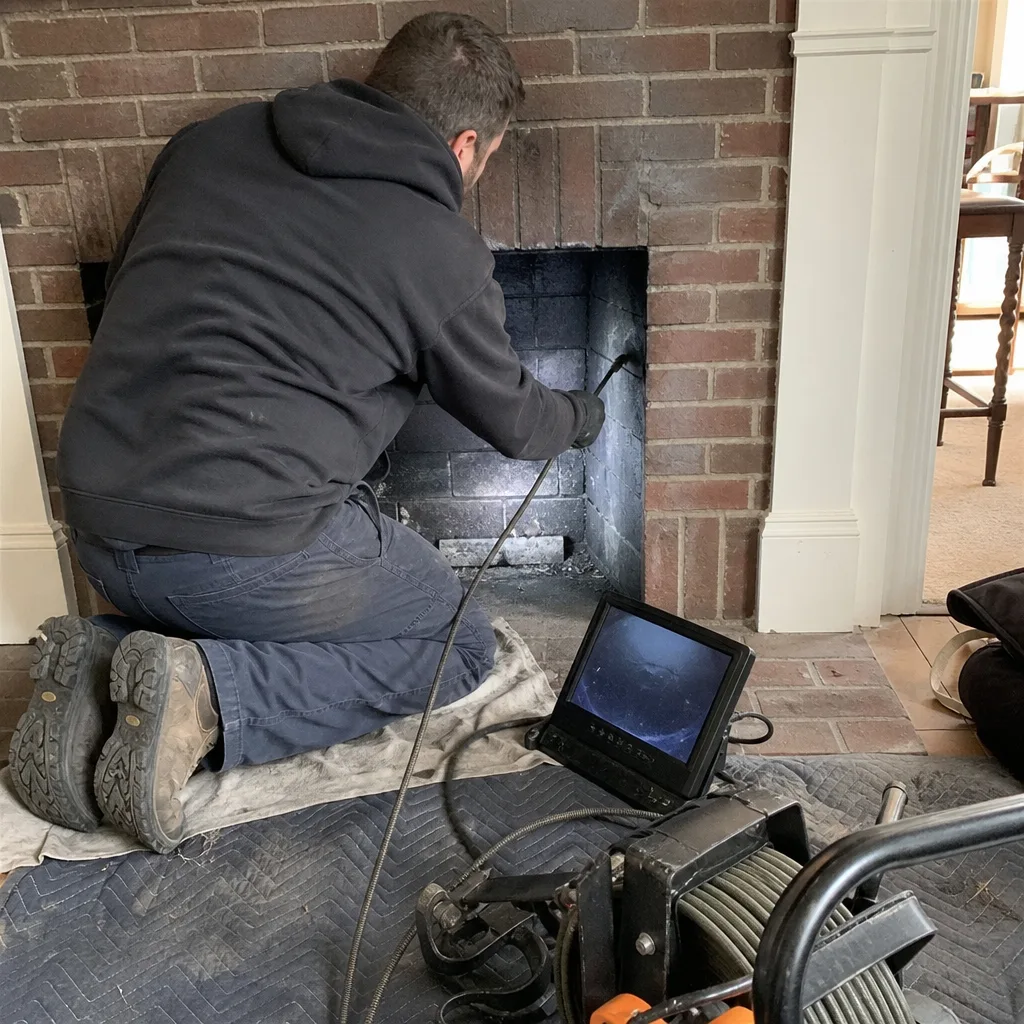technician performing professional fireplace inspection with specialized video equipment